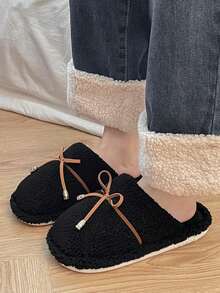 Women's Plush Bowknot Decor Closed-Toe Indoor Slippers, Soft Thick Sole Warm Cotton Bedroom Slippers For Autumn/Winter - Black - View 6