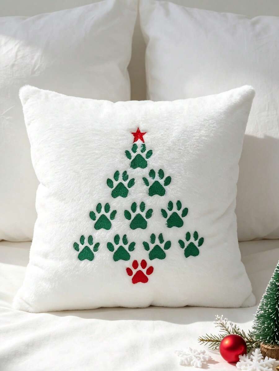1pc Christmas Dog Paw Print & Christmas Tree Embroidered Throw Pillow Cover – Festive Home Decor For Sofa Or Bedside (Autumn/Winter) – Machine Washable, Zipper Closure (Insert Not Included) - White - View 1