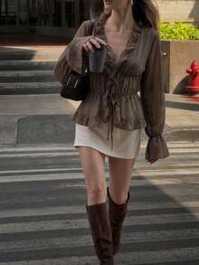 Women's Chiffon Deep V-Neck Charming Sexy Cardigan Front Tie Flared Sleeve Ruffle Top, Regular Fit Coffee Color Autumn Blouse, Elegant Elegant Back To School Style Deep V-Neck Long Sleeve Ruffle Top, Suitable For Autumn Skirt Outfit, Solid Color Pleated Ruffle/Wave Edge, Suitable For Evening Date, Street, Travel, Single Party - Coffee Brown - View 4