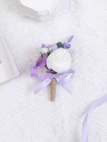 1pc Handmade Wedding Boutonniere For Men, White Rose & Purple Hydrangea Artificial Groom Lapel Pin, Buttonhole For Wedding Prom Anniversary - Multicolor - View 6