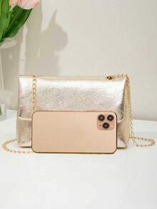 Women's Metallic Gold Chain Crossbody Bag, Shiny Envelope Clutch Purse, Elegant Shoulder Bag For Wedding, Party, Prom, Evening & Date Night - Gold - View 6