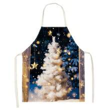 1pc Christmas Night Scene White Snow Christmas Tree Print Apron - Sleeveless Design, Durable And Comfortable Fit, Featuring Falling Snow Christmas Tree, Golden Star Decorations And Winter Night Forest Pattern, Suitable For Cooking, Baking And Home Cleaning, Household Cleaning, Housework Apron, Hand-Painted Holiday Gardening Apron, Fun Christmas Holiday Gift - Multicolor - View 11
