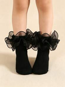 1 Pair Girls Solid Color Ruffle Trim Cute Daily Ankle Socks, Suitable For Back To School Season And School Uniform Matching - Black - View 3