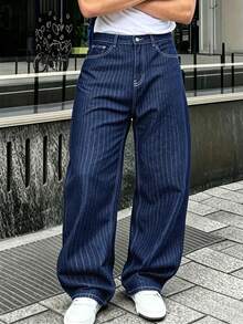 LIYS Men's Blue Wash Pinstripe Striped Wide Leg Jacquard Jeans - Blue - View 1