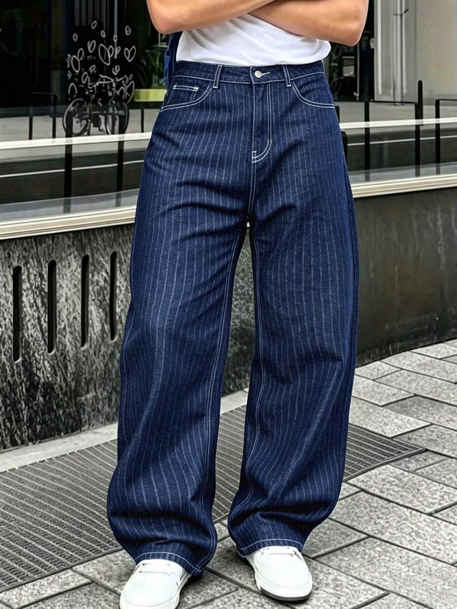 LIYS Men's Blue Wash Pinstripe Striped Wide Leg Jacquard Jeans - Blue - View 1