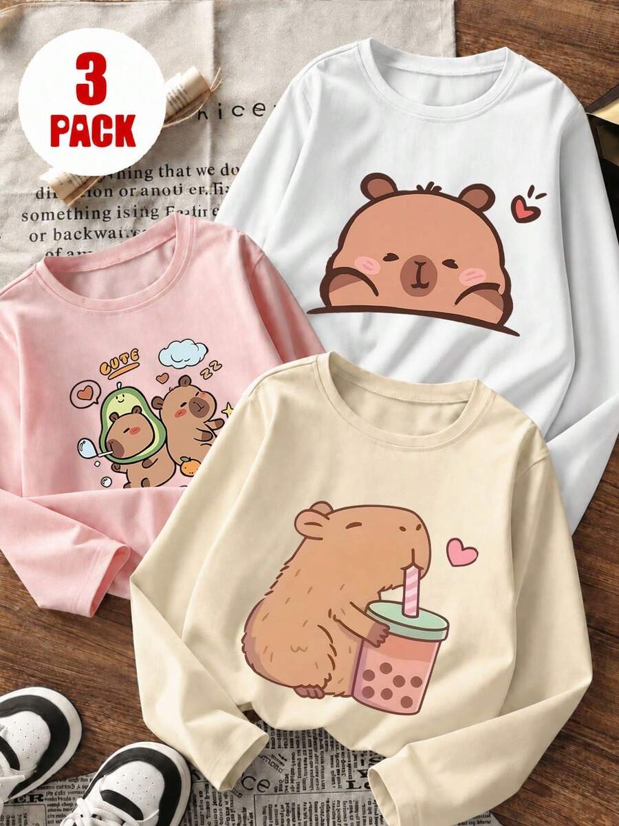3pcs Tween Girls Printed Long Sleeve T-Shirts, Suitable For Tween Girlsin Autumn/Winter, Young Student Apparel, Suitable For Outerwear And Layering - Multicolor - View 1