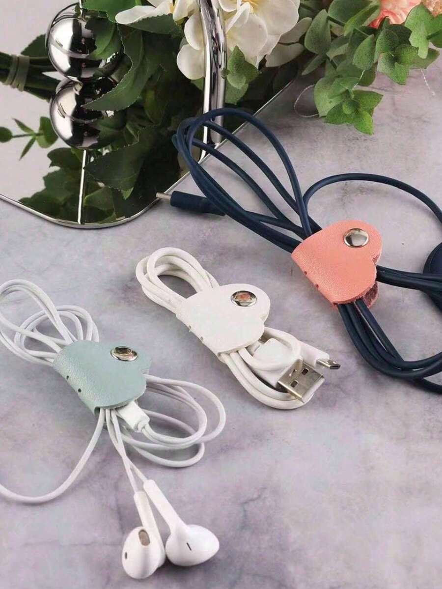 3pcs/5pcs/10pcs/16pcs Random Color Heart-Shaped Cable Organizer (2.75*1.37 Inches), Earphone Cable Winder, PU Leather Cable Organizer, Self-Adhesive Data Cable Storage Box, Data Cable Storage Bag, Travel Essentials