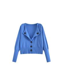 Collared Knitted Cardigan Autumn Slim Fit Flattering Long Sleeve Sweater Jacket - Blue - View 5