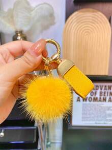 Light Luxury Pink Leather Lanyard Mink Fur Pom Pom Bag Charm, Minimalist High-End Plush Ball Keychain, Car Key Pendant, Small Holiday Gift For Women And Best Friends - Multicolor - View 11
