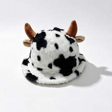 Black & White Cow Print Plush Bucket Hat, Cute Cow Horns Thick Warm Bucket Hat, Fashionable Versatile Hat, Pattern Position May Vary Slightly, Randomly Sent - Multicolor - View 6