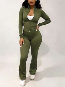 Spring/Autumn Bestselling Women's 2 Pieces Set, Fashion Slim Fit Solid Color Zip-Up Jacket And Pants, Lightweight Polyester Fitness Yoga Fabric - Olive Green - View 2