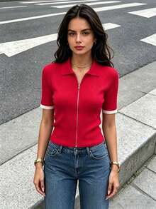 DEEKA Autumn New Women's European And American Style Fashion Minimalist Versatile Design Ribbed Knit Sweater - Red - View 2