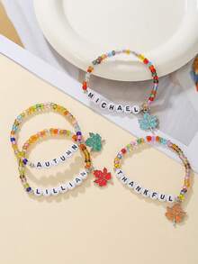 Classic Thanksgiving Alloy Maple Leaf Pendant And Colorful Acrylic Beaded Elastic Bracelet Set, Perfect Gift For Women To Wear At Holiday Parties - Colorful - View 3