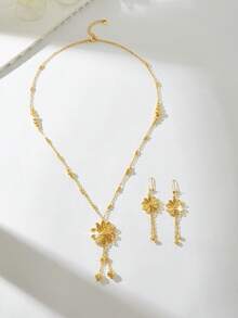 Mgyi 2Pcs Bohemian Brass Gold Plated Embossed Flower Jewelry Set For Women Vacation - Gold - View 8