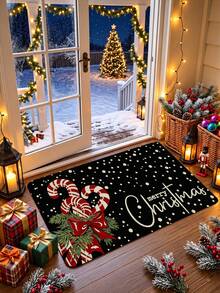 1 buah Keset Selamat Datang Motif Permen Tongkat Natal Anti Selip Timbul 3D, Dekorasi Teras Depan Warna Hitam, Cocok untuk Pintu Masuk, Ruang Belajar, Samping Tempat Tidur, Keset Lantai, Luar Ruangan, Mudah Dibersihkan, Anti Selip, Cepat Kering, Sepanjang Musim, Dapat Dicuci - A - View 2