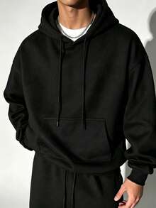 Men's Classic Solid Color Hooded Sweatshirt, Autumn/Winter Outfit Hoodie - Black - View 2