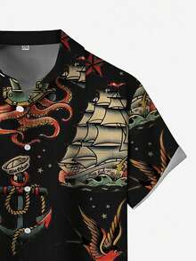 Men's Halloween Digital Print Turn-Down Collar Chest Pocket Vacation Fashion Vintage Casual Short Sleeve Shirt - Black - View 6