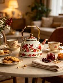 Elegant Rose & Bird Print Enamel Tea Kettle, Golden Handle, Food , Stovetop Compatible, Drip-Free Spout, Perfect For Ramadan, Eid, Guest Serving & Home Table Decor, Multiple Capacities - Peony Bird Pear-shaped Teapot - View 3