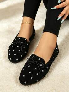 Maillard Black Polka Dot Bow Shallow Loafers, Fuzzy Round Toe Flat Slip-On Shoes, Soft Sole Daily Commute Shoes - Black - View 6