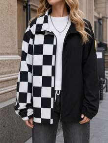 Women's Spring/Autumn Black & White Plaid Stand Collar Zip-Up Jacket, Asymmetric Patchwork Loose Casual Outerwear With Adjustable Drawstring Hem - Black - View 11