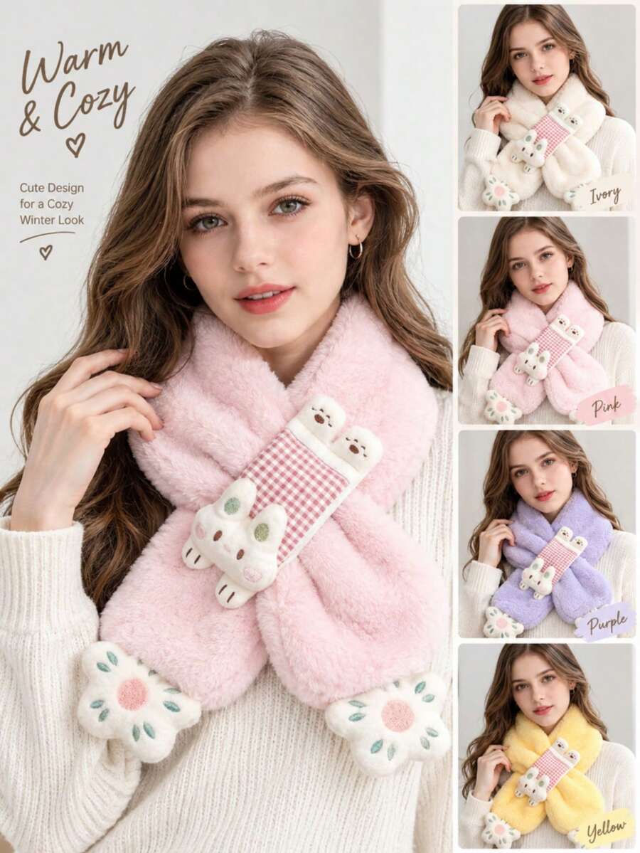 1pc Girls Rabbit Plush Scarf - Cartoon Cross Collar Neck Warmer, Outdoor Travel Scarf - Multicolor - View 1