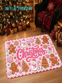 1pc,2d Flat Printing, Pink Christmas Themed Floor Mat - Velvet Material, Gingerbread Man Snowman Pattern, Festive Atmosphere Carpet, Colorful Anti Slip, Machine Washable Carpet, Suitable For Home Decoration, Entrance, Hall, Bathroom And Balcony - A - View 4