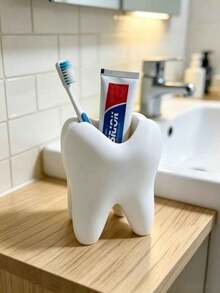 1pc Bathroom Tooth-Shaped Toothbrush Holder Creative Tooth-Shaped Pen Holder/Makeup Brush Storage - White - View 3