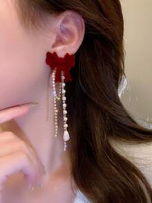 1 Pair French Sweet Bow Faux Pearl Earrings, Minimalist Elegant Luxury Versatile Design With Chain, New Year Style Stud Earrings For Women, Suitable For Daily, Holiday And Commute Wear - Burgundy - View 3