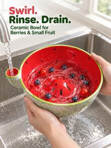 1/2pcs Watermelon & Pink Striped Ceramic Berry Washing Bowl With Drain Pad, Vortex Flow Side Inlet Fruit Washer, Self-Rotating Berry Colander, Quick Drain Kitchen Strainer, Suitable For Strawberries, Blueberries, Grapes, Cherry Tomatoes And Vegetables - Watermelon Striped Colander - View 2
