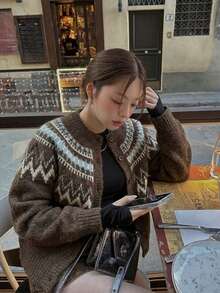Women's Vintage Fair Isle Pattern Button-Up Cardigan Knit Sweater Long Sleeve Winter Top - Brown - View 1