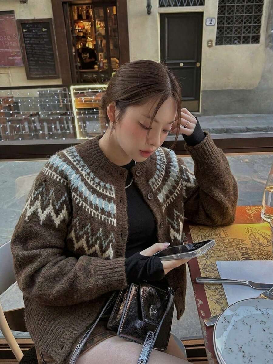 Women's Vintage Fair Isle Pattern Button-Up Cardigan Knit Sweater Long Sleeve Winter Top - Brown - View 1