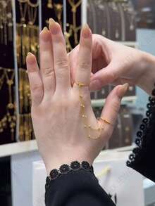 21K Gold Plated Women's Double Ring Stacked Chain Ring, Exquisite Beaded Double Finger Connected Ring, Dubai Bridal Style Saudi Fashion Jewelry - 01 - View 6