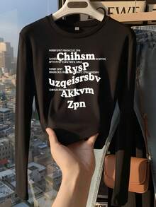 Korean Style Stacked English Print Short Long Sleeve T-Shirt Women Slim Fit Elastic Round Neck Sexy Slimming Base Layer Autumn Top - Black - View 3