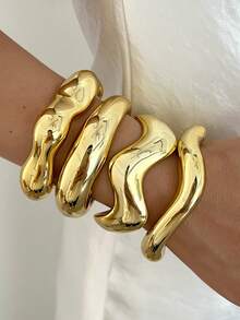 4/1pc Vintage Fashion Exaggerated Wide Asymmetrical Metal Bracelet Set For Women, Casual Style, Suitable For Daily Wear, Vacation, Gathering, Party, Holiday, Gift - Yellow Gold - View 7