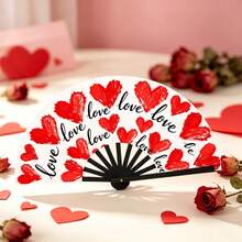 White Background Red Brush Heart Love Kung Fu Sounding Fan, Hand-Painted Red Heart Full Print Folding Fan, Romantic Date Party Photo Prop - Multicolor - View 4