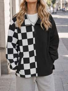 Women's Spring/Autumn Black & White Plaid Stand Collar Zip-Up Jacket, Asymmetric Patchwork Loose Casual Outerwear With Adjustable Drawstring Hem - Black - View 2