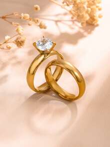 2pcs 18K Stainless Steel Ring Set, Rust-Proof Band, Wedding Engagement Gold Ring, Valentine's Day Gift For Girlfriend - Yellow Gold - View 15