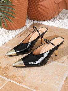 Sexy Fashion Patchwork Pointed Toe Stiletto High Heel Metal Heel Cap Back Strap Women's Black High Heels - Black - View 6