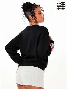 mulinsen Women's Loose Round Neck Sweatshirt, Solid Color Thick Warm Pullover, Long Sleeve Casual Winter Street Style Top - Black - View 8