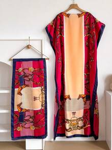 1 Set Faux Silk Minimalist Premium Horse Pattern Print Long Robe Set For Women, Beach Cover-Up Sun Protection Pullover Shawl With Satin Scarf, Perfect For Layering And Daily Wear - Multicolor - View 8