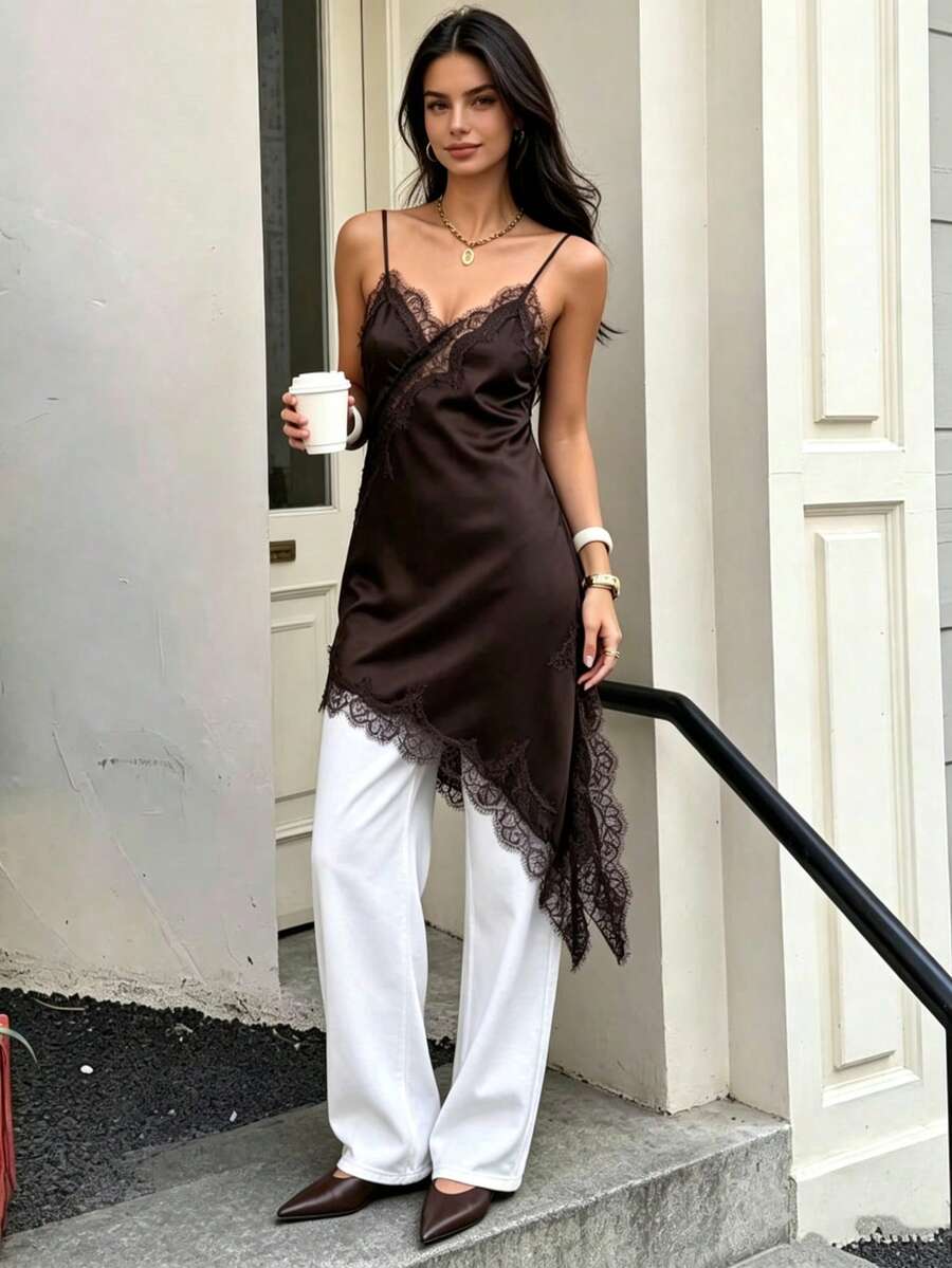 Seelio 夏季新款女装时尚性感不对称蕾丝连衣裙，欧美风格优雅