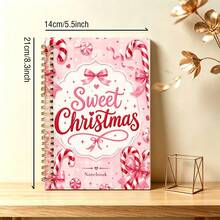 DANPERJI 1pc 14*21cm Pink Candy Cane "Sweet Christmas" Wirebound Notebook, Coquette Bow Peppermint Print Journal, Aesthetic Xmas Holiday Writing Notepad - Multicolor - View 2