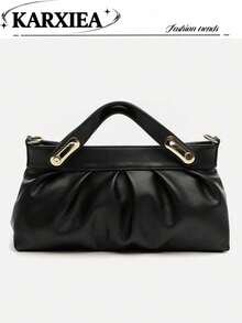 Black Ruched PU Handbag, Minimalist Elegant Design With Gold Hardware, Hand-Carry And Crossbody, Versatile Textured Women's Bag For Commute And Daily Wear, Cloud Bag - Black - View 2