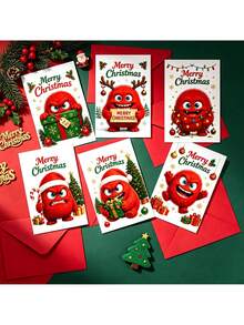 6Pcs Christmas Greeting Cards With 6 Envelopes, Cute Red Fluffy Monster Xmas Note Cards, Merry Christmas Holiday Cards For Family Friends Gift Greeting - Multicolor - View 6