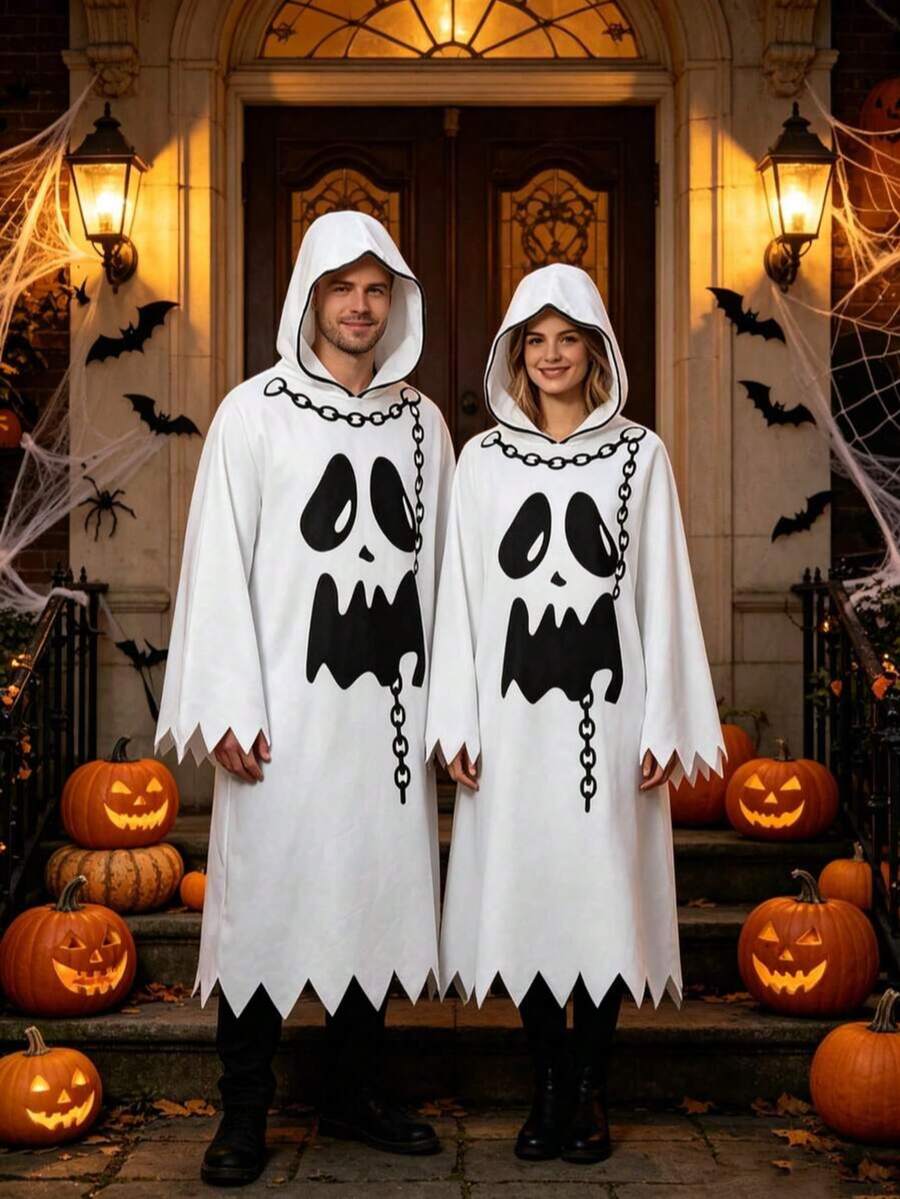 1pc Halloween Ghost Face White Ghost Cape, Unisex Cosplay Costume, Suitable For Theme Party (Fits Height 150cm) - View 1