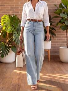 Plus Size Women's Straight Leg Loose Casual Versatile Denim Jeans With Pockets - Light Wash - View 4