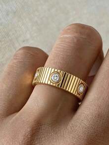 1pc 18K Gold Plated Stainless Steel Women's Ring, Waterproof Jewelry, Diamond Ring, Women's Jewelry, Elegant Gift - Gold - View 2