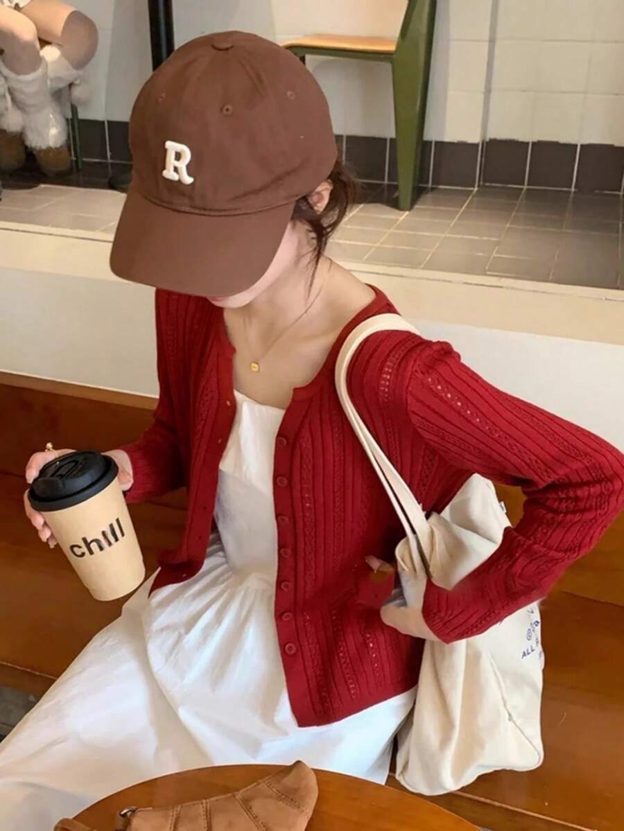 Women's Red Hollow Out Thin Knit Cardigan Jacket, Autumn Layering Short Long Sleeve Knit Top - Red - View 1