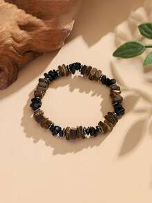 1Pc Rough Wood Chip Natural Stone Beaded Bracelet Vintage Elastic Stretch Wristband Men Bohemian Daily Wear Jewelry Gift - Irregular Beaded Bracelet - View 5