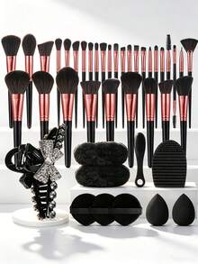 42/32 Pcs Black Rose Red All In One Makeup Tools Set,32Pcs Makeup Brushes,Rhinestone Bow Hair Claw,2Pcs Wrist Bands,Small Cleaning Brush,Silicone Cleaning Mat,3 Cushion Powder Puffs,Makeup Sponges For Daily Full Face Makeup - Multicolor - View 12